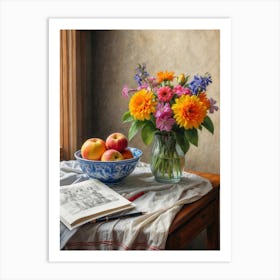 Vase Of Flowers And Apples Art Print