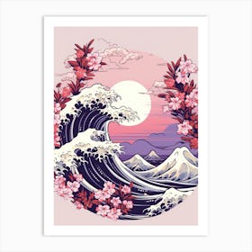 Great Wave With Lavender Flower Drawing In The Style Of Ukiyo E 4 Art Print