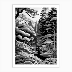 Portland Japanese Garden, 1, Usa Linocut Black And White Vintage Art Print