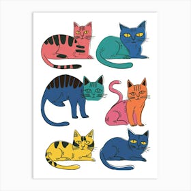 Colourful Cats Illustration Poster Retro Modern Cute Cartoon Art Print