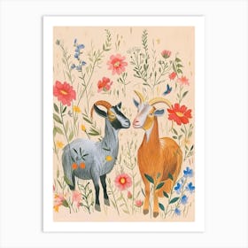 Folksy Floral Animal Drawing Goat 4 Art Print