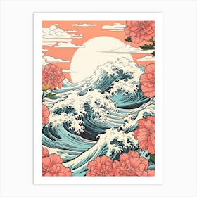 Great Wave With Cosmos Flower Drawing In The Style Of Ukiyo E 3 Art Print