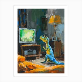 Dinosaur Watching Tv Blue Green Orange 3 Art Print