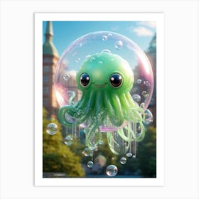 Cute Cthulhu With Oversized Eyes Enclosed In Translucent Soap Bubbles Suspended Mid Air High Reso Art Print