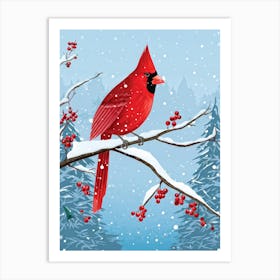 Illustration Of A Cardinal Perched On A Crystalline Branch Winter Day Unfolding In The Background Art Print