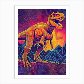 Neon Linework Dinosaur In The Mountains Art Print