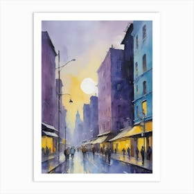 Colored Painting Of A Cityscape,Indigo And Yellow,Purple (24) Art Print