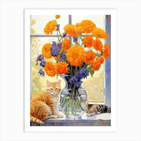 Cat With Sunflower Flowers Watercolor Mothers Day Valentines 1 Art Print