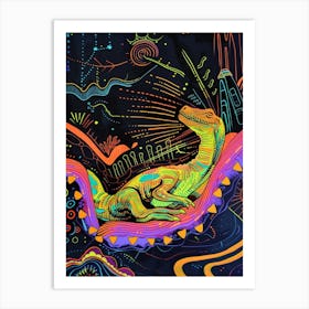 Neon Dinosaur Line Illustration Relaxing 1 Art Print