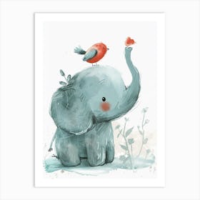 Small Joyful Elephant With A Bird On Its Head 2 Art Print