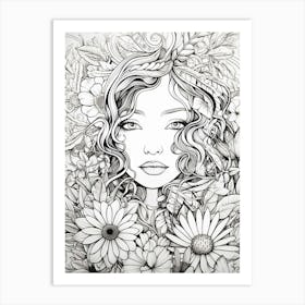 Floral Fine Line Face Drawing 1 Art Print