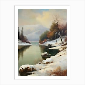 Ancient landscapes, old winter oil paintings and rocks around the lake bank. Snow is falling on the lake, old colors.13 Art Print