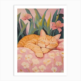 Cat Sleeping In Pink Flowers Art Print