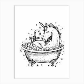 Unicorn In The Bubble Bath Black & White Doodle Art Print