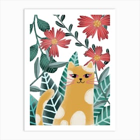 Wild Cat With Red flowers and lush leaves floral artwork Art Print