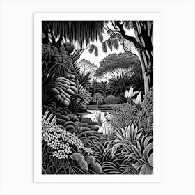 Royal Botanic Gardens, Victoria, Australia Linocut Black And White Vintage Art Print