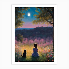 Beautiful Moment ~ A Girl and Her Cat Watch the Moon Art Print
