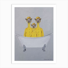Giraffes In Raincoats In Bathtub Art Print