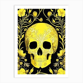 Skull With Floral Patterns 3 Yellow Line Drawing Art Print