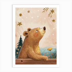 Brown Bear Looking At A Starry Sky Storybook Illustration 4 Art Print