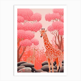 Two Giraffes Under The Blooming Trees Art Print