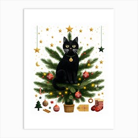 Black Cat On The Christmas Tree Art Print