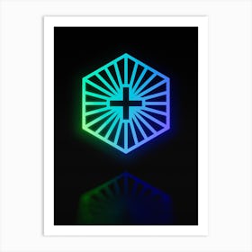 Neon Blue and Green Abstract Geometric Glyph on Black n.0066 Art Print