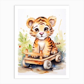 Baby Tiger On A Toy Car, Watercolour Nursery 1 Art Print