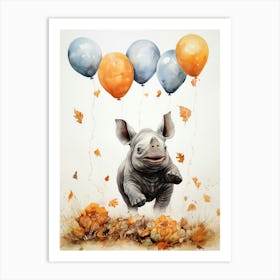 Rhino Flying With Autumn Fall Pumpkins And Balloons Watercolour Nursery 2 Art Print