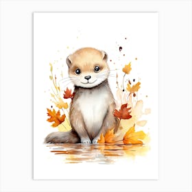 An Otter Watercolour In Autumn Colours Art Print