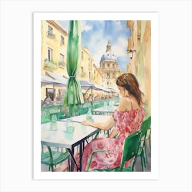 At A Cafe In Valletta Malta Watercolour Art Print