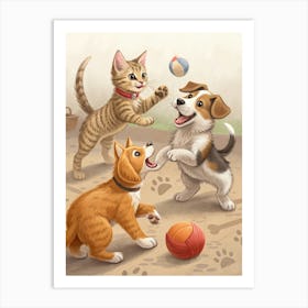 Three Dogs Playing With A Ball Art Print