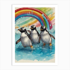 Penguins In The Rainbow Art Print