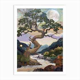 Mosaic Tree River Stones Sun Mountains Art Colorful Stylized Nature Landscape Flowing Water Greenery Sunset Art Print