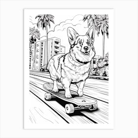 Corgi Dog Skateboarding Line Art 1 Art Print