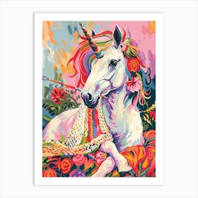 Unicorn Knitting Floral Painting Art Print