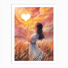 Girl In Field With Heart Art Print