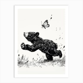 Malayan Sun Bear Cub Chasing After A Butterfly Ink Illustration 3 Art Print