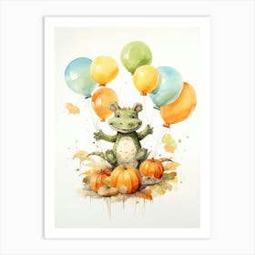 Alligator Flying With Autumn Fall Pumpkins And Balloons Watercolour Nursery 3 Art Print