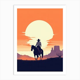 Cowboy On Horseback At Sunset Art Print