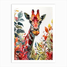Giraffe Watercolour Portrait In The Leaves 3 Art Print