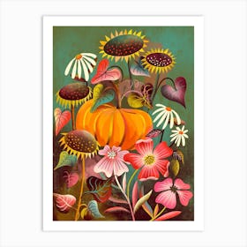 Harvest With Pumpkin And Sunflowers Art Print