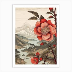 Tsubaki Camellia Japanese Botanical Illustration Art Print