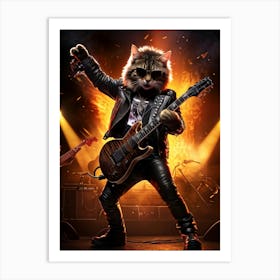 Tabby Cat Poses As A Rockstar Electric Guitar In Paw Onstage With Spotlight Fans As Silhouettes Art Print