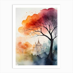 Watercolor Of A Tree And A Castle Art Print