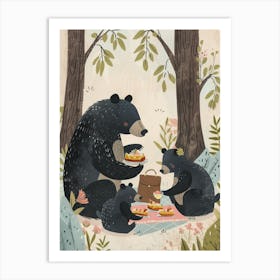 American Black Bear Family Picnicking In The Woods Storybook Illustration 1 Art Print