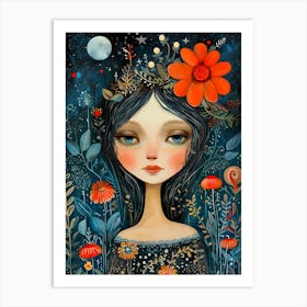 Girl With Flowers by night Art Print