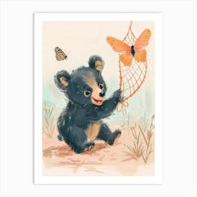 American Black Bear Cub Playing With A Butterfly Storybook Illustration 3 Art Print