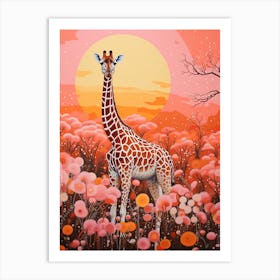 Pink Giraffe & Plants 3 Art Print