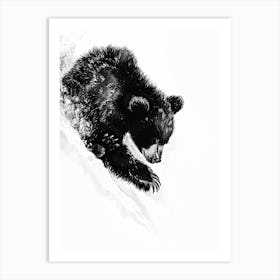 Malayan Sun Bear Cub Sliding Down A Snowy Hill Ink Illustration 3 Art Print